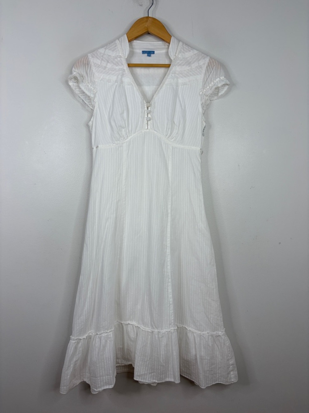 Vintage Dress Womens Small White Cotton Cap Sleeve Tiered Midi Romantic Fairy